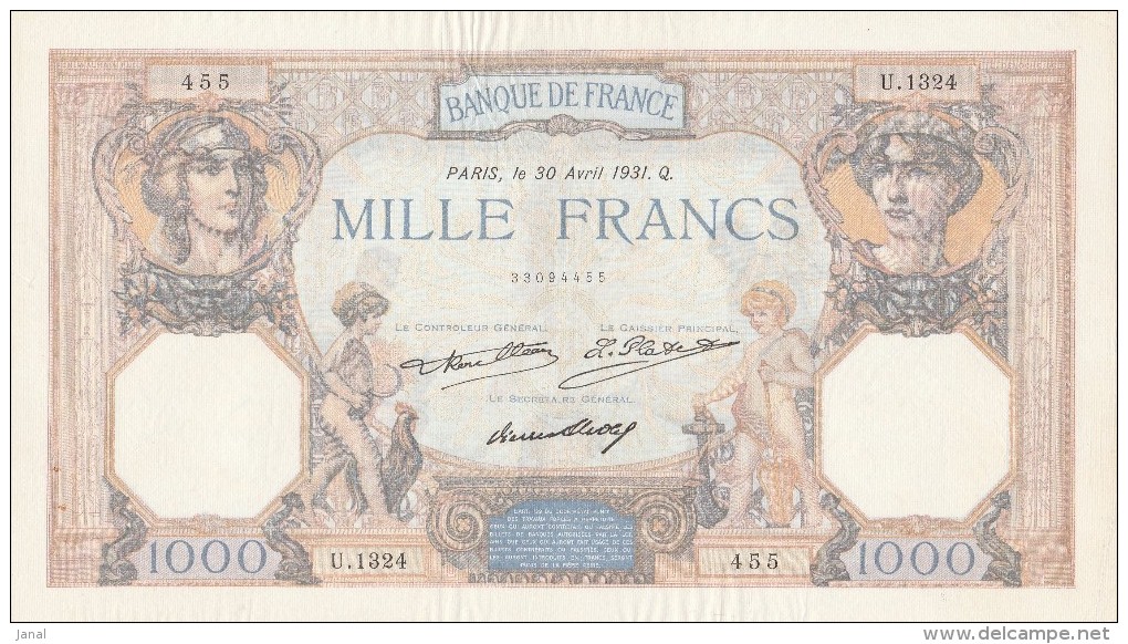 - BILLETS - 1000 F CERES ET MERCURE  - N° - U .1324 - 455 - 30 AVRIL 1931 . Q . - 1 000 F 1927-1940 ''Cérès Et Mercure''