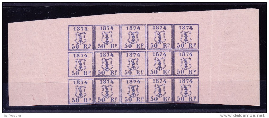 Heimat BS BASEL Polizei-Marken 15 X 50 Rp. Block Ausgabe 1874 - Fiscaux