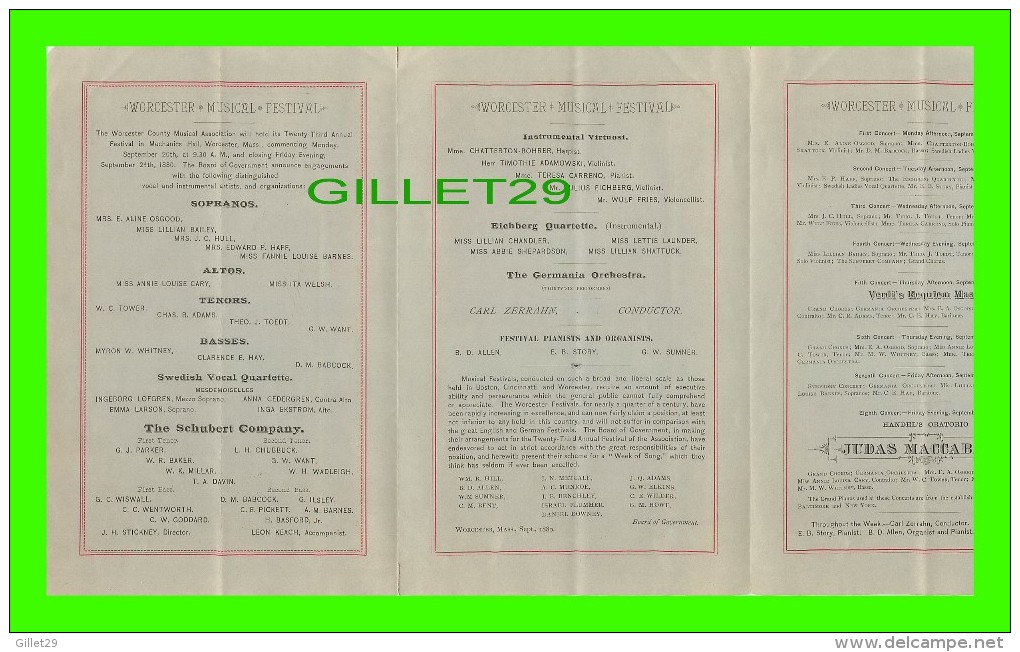 PROGRAMME - ANNUAL FESTIVAL OF THE WORCESTER COUNTY MUSICAL ASSOCIATION IN 1880 - 6 SIDES - - Programmes