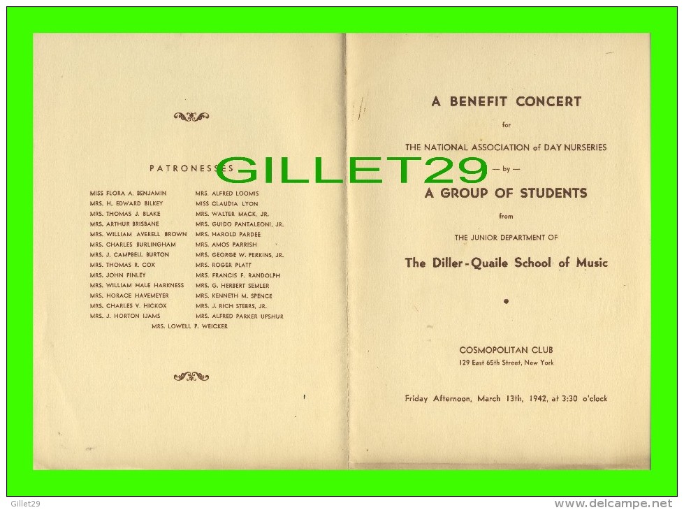 PROGRAMMES - THE DILLER-QUAILE SCHOOL OF MUSIC 1942 - COSMOPOLITAN CLUB, NEW YORK - Programmes