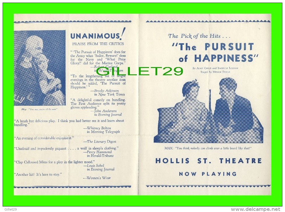 PROGRAMMES - HOLLIS ST. THEATRE, BOSTON, MA - " THE PURSUIT OF HAPPINESS " - Programmes