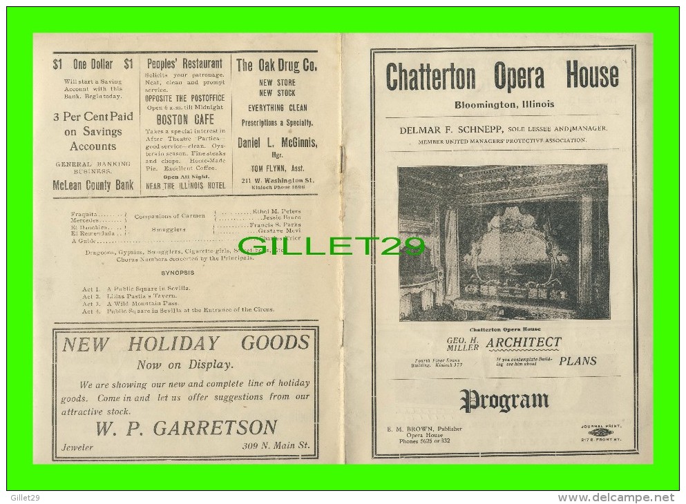 PROGRAMMES - PROGRAM - CHATTERTON OPERA HOUSE, BLOOMINGTON, IL -  GEO H. MILLER, ARCHITECT - - Programmes