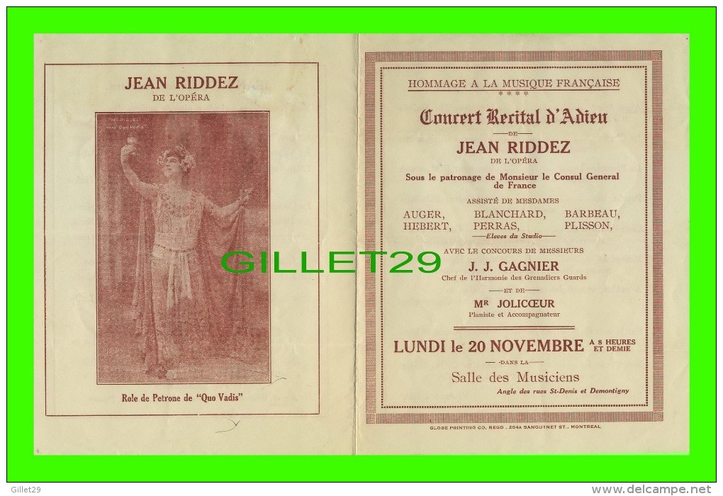 PROGRAMMES - PROGRAM - CONCERT RÉCITAL D'ADIEU DE JEAN RIDDEZ, 1930 - SALLE DES MUSICIENS, MONTRÉAL, QUÉBEC - - Programmes