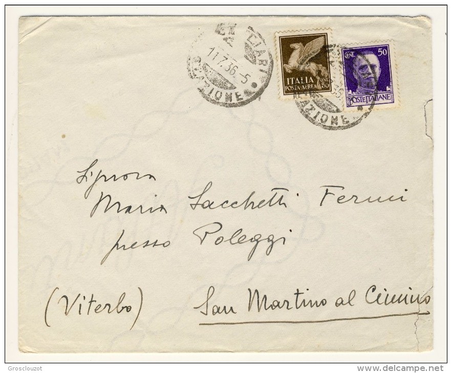 Lettera PA Cagliari-S. Martino Al Cimmino 11.7.1936 Affrancata Con N. 11 PA C. 50 E Con N. 251 Imperiale C. 50 Violetto - Storia Postale (Posta Aerea)