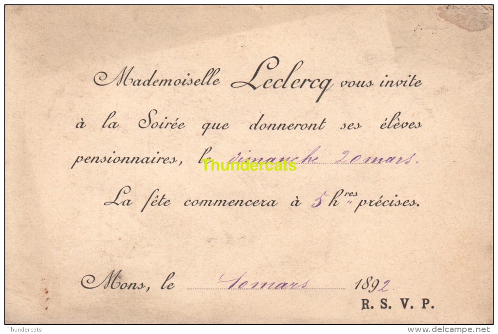 INVITATION MONS 1892  LECLERCQ PENSIONNAT - Other & Unclassified