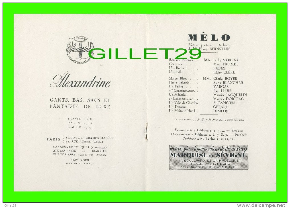 PROGRAMME - PROGRAM - THÉÂTRE DU GYMNASE - PIÈCE " MÉLO " En 1929 - HENRY BERSTEIN, GABY MORLAY - 36 PAGES - Programmes