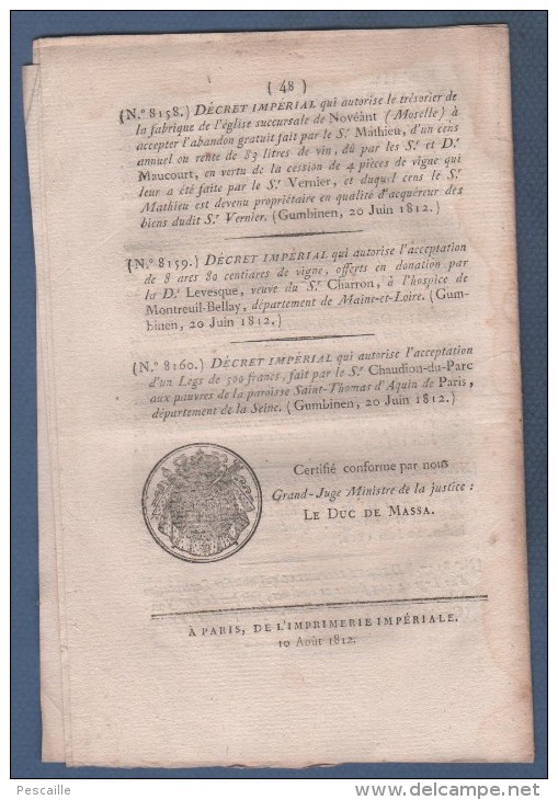 BULLETIN DES LOIS 1812 - ROUTES CHARENTE INFERIEURE COTES DU NORD MARNE HAUTE MARNE NIEVRE OISE TARN & GARONNE VOSGES .. - Décrets & Lois