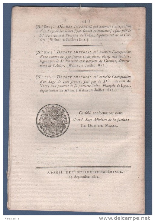 BULLETIN DES LOIS 1812 - BALLORE MARISY - LA NEUVILLE CHANT D'OISEL BOOS - NANCY - SABLES D'OLONNE - LOTERIE HOLLANDAISE - Décrets & Lois