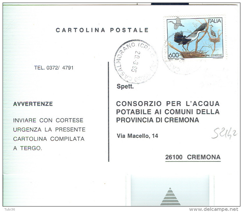 UCCELLI AIRONE £.600, S 2142, ISOLATO SU C.P., 1995, TIMBRO POSTE CASALMORANO,CREMONA, - 1991-00: Storia Postale