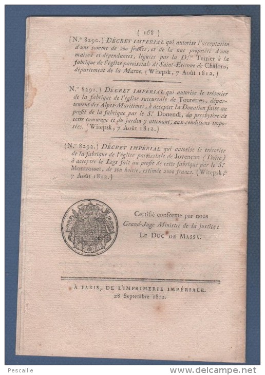 BULLETIN DES LOIS 1812 - ROUTES ALLIER CREUSE DOUBS GENES GERS LOIR & CHER LOIRET LYS MORBIHAN ORNE RHÔNE SEINE & OISE - Décrets & Lois