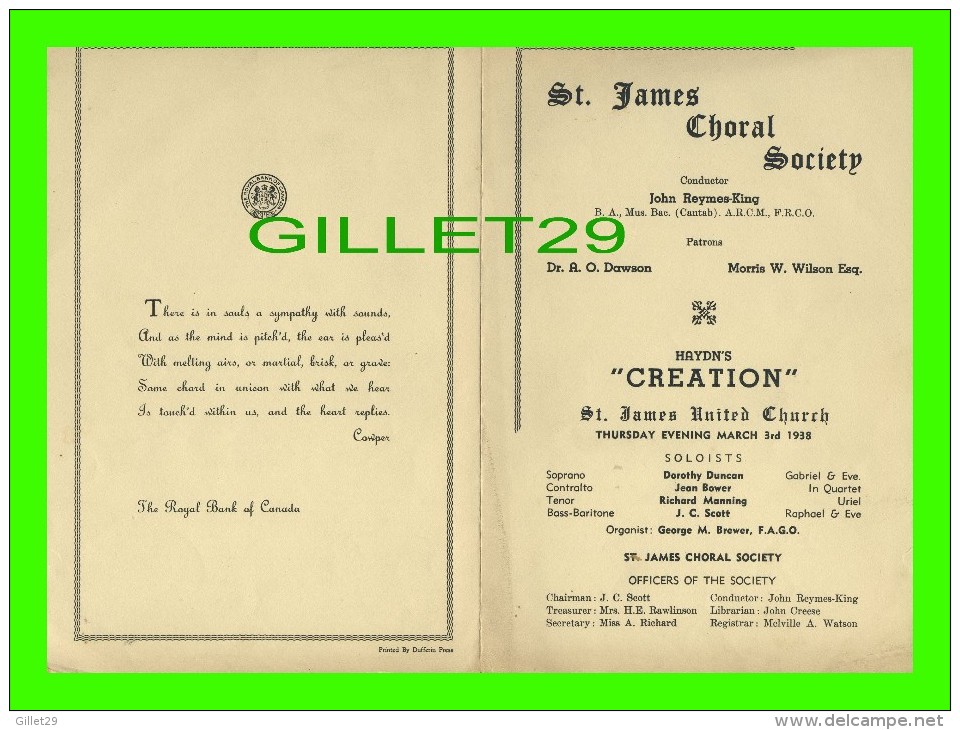 PROGRAMMES - PROGRAM - ST JAMES CHORAL SOCIETY, MONTREAL 1938 - HAYDN'S " CREATION " - MONTREAL MASONIC CHOIR - - Programs