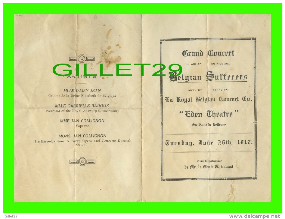 PROGRAMMES - PROGRAM - EDEN THEATRE, STE ANNE DE BELLEVUE, QUÉBEC - LA ROYAL BELGIAN CONCERT CO IN 1917 - - Programmes