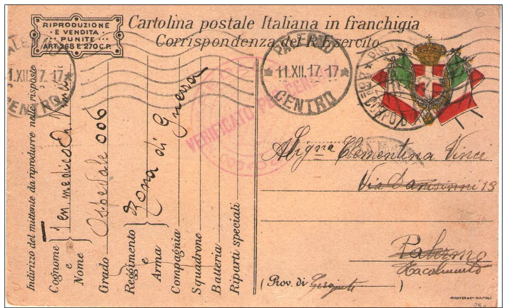 Franchigia Dall´OSPEDALE 006 (Carpenedo - Treviso) POSTA MILITARE 23° CORPO D'ARMATA Per PALERMO/RACALMUTO (RL1667) - Guerra 1914-18