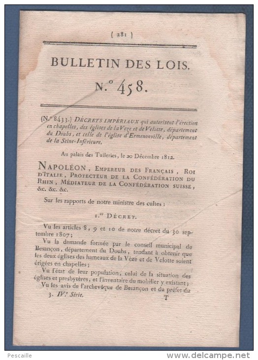 BULLETIN DES LOIS 1812 - LA VEZE VELOTTE DOUBS / ERMENONVILLE BOURVILLE 76 - COUTANCES - RENNES - BORDEAUX BOULANGERS - Décrets & Lois