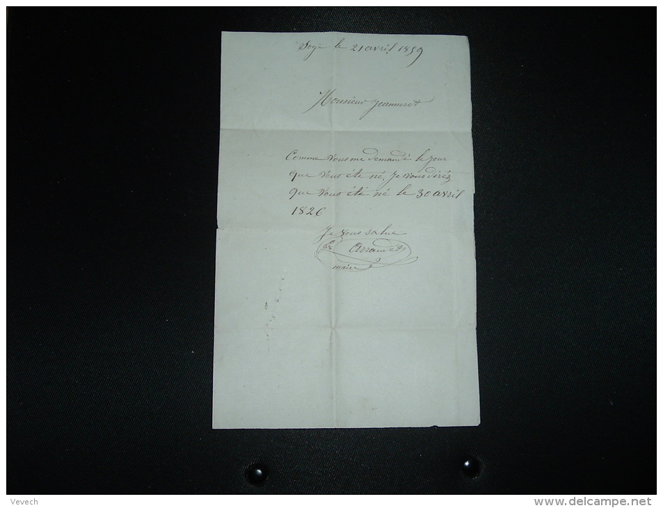 LETTRE (PLI) OBL.22 AVRIL 59 L'ISLE-S-LE-DOUBS (24) (25 DOUBS) + TAXE 30 + ORIGINE RURALE Signée Du Maire Pour JEANNERET - 1849-1876: Période Classique