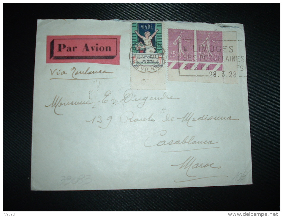 LETTRE TP SEMEUSE 75c X2 CD 28 3 28 + VIGNETTE CONTRE LA TUBERCULOSE 1928-1929 OBL.MEC.22 XII 1928 LIMOGES GARE (87) - Cartas & Documentos