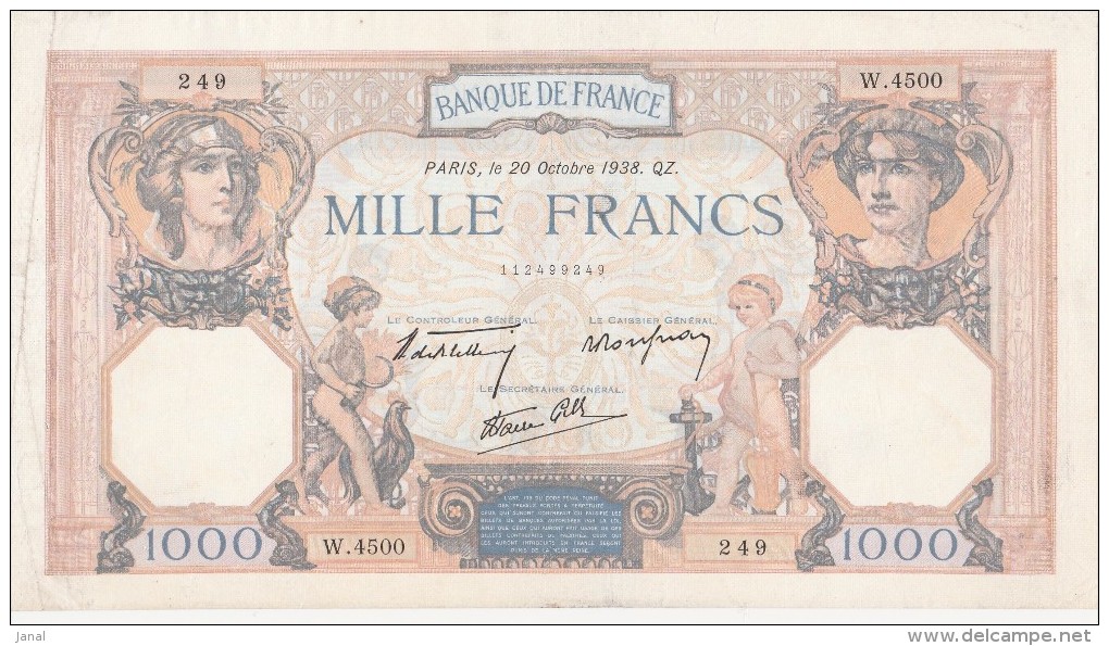 - BILLETS -  1000 F - CERES ET MERCURE -  N° W . 4500 -249 - 20 OCTOBRE 1938 QZ - - 1 000 F 1927-1940 ''Cérès E Mercure''