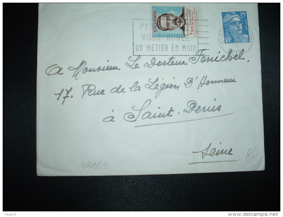 LETTRE TP MARIANNE DE GANDON 15F + VIGNETTE CONTRE LA TUBERCULOSE VILLEMIN OBL.MEC. 1955 ST OUEN SUR SEINE - Covers & Documents