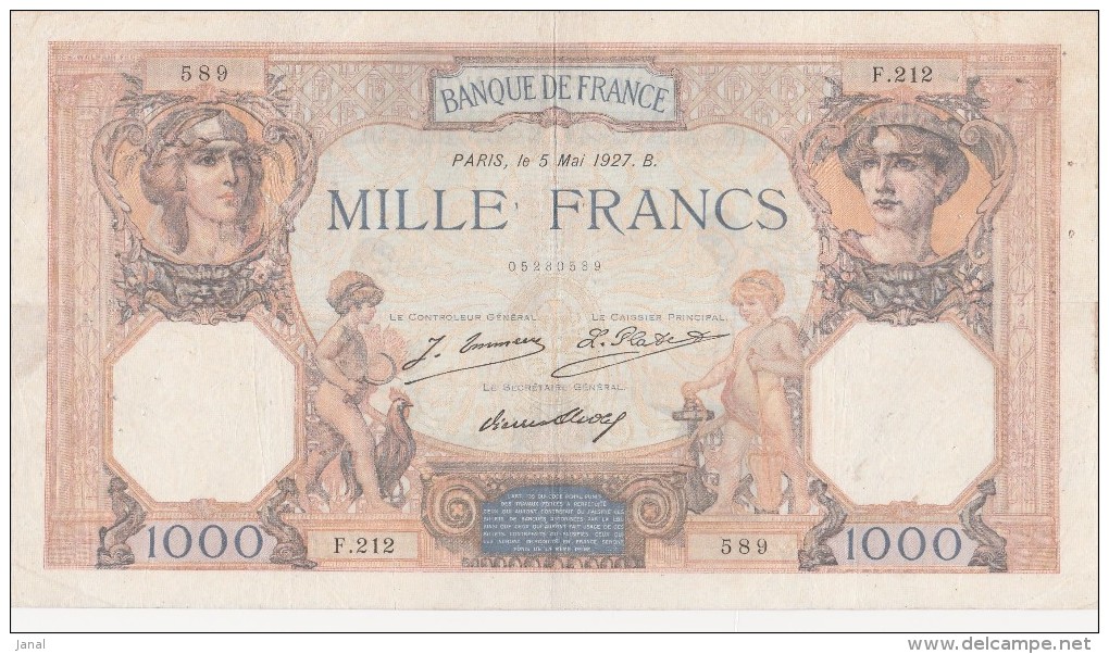 - BILLETS -  1000 F - CERES ET MERCURE -  N° F 212 - 589 - 5 MAI 1927 - 1 000 F 1927-1940 ''Cérès Et Mercure''