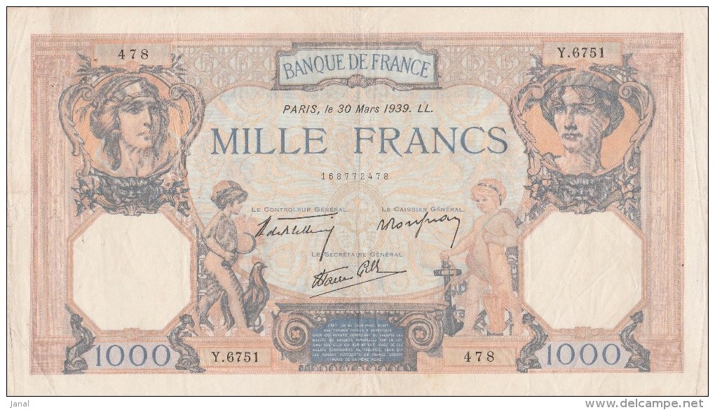 - BILLETS -  1000 F - CERES ET MERCURE -  N° Y . 6751 . 478   - 30 MARS 1939 . LL . - 1 000 F 1927-1940 ''Cérès Et Mercure''