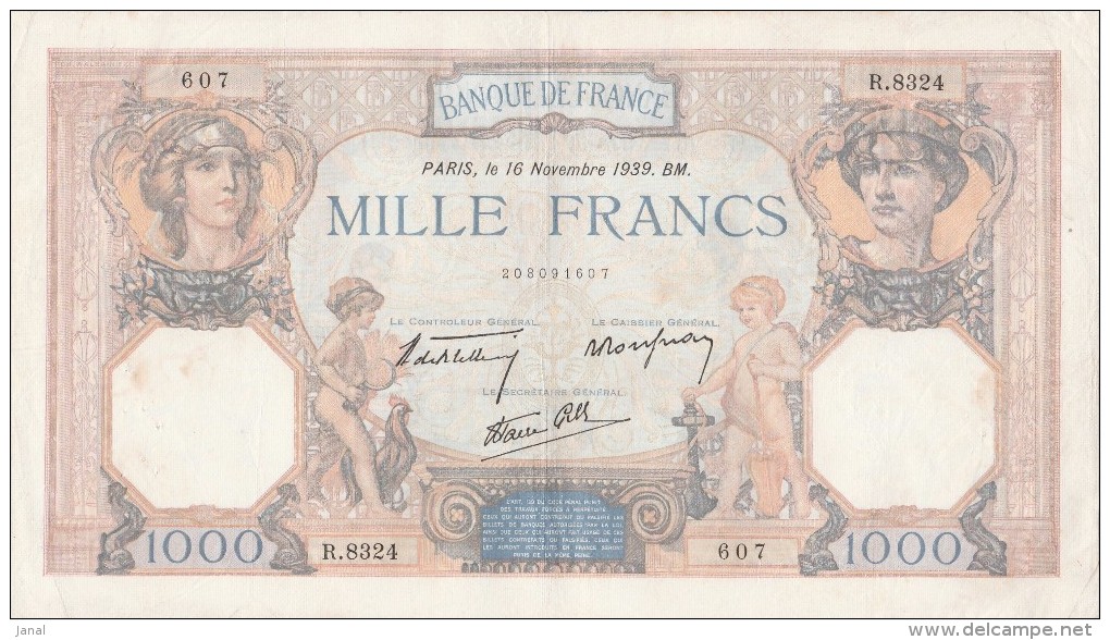 - BILLETS -  1000 F - CERES ET MERCURE -  N°  . R . 8324 . 607 -16  NOVEMBRE 1939 - BM  - - 1 000 F 1927-1940 ''Cérès Et Mercure''