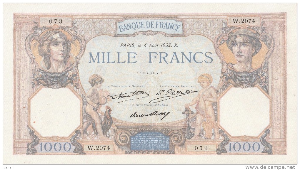 - BILLETS -  1000 F - CERES ET MERCURE -  N° W . 2074 . 073 . 4 AOUT 1932 . X . - 1 000 F 1927-1940 ''Cérès Et Mercure''