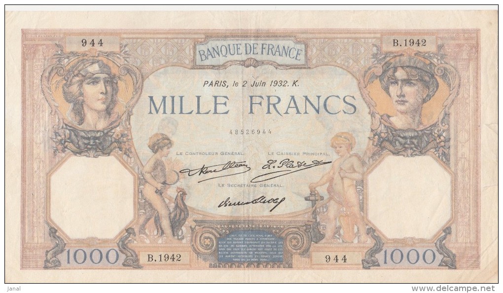 - BILLETS -  1000 F - CERES ET MERCURE -  N° B 1942 . 944 . 2 JUIN 1932 . K . - 1 000 F 1927-1940 ''Cérès Et Mercure''