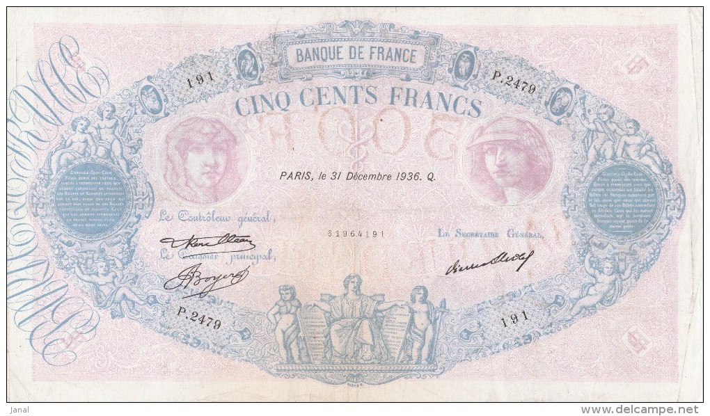 - BILLETS - 500 F - BLEU ET ROSE - N° P . 2479 - 191 - 31 DECEMBRE 1936 . Q . - 500 F 1888-1940 ''Bleu Et Rose''