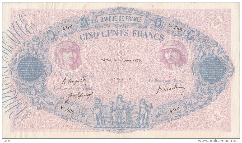 - BILLETS - 500 F - BLEU ET ROSE - N° W . 596 . 409 - 16 Juin 1920 - - 500 F 1888-1940 ''Bleu Et Rose''