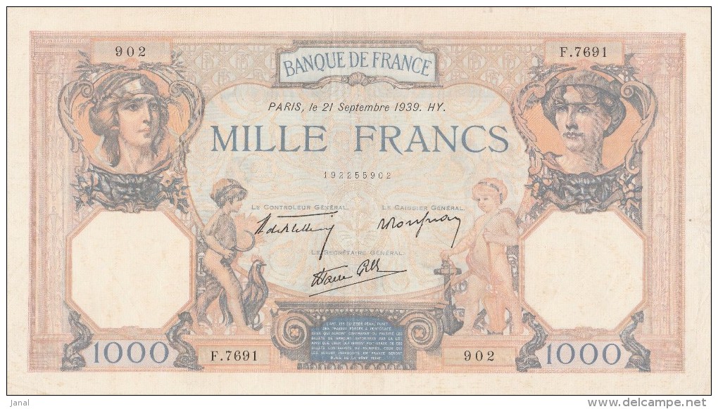 - BILLETS  - 1000 F - SUITE DE 3 BILLETS - 902 - 903 - 904 -  21 SEPTEMBRE 1939 - - 1 000 F 1927-1940 ''Cérès Et Mercure''