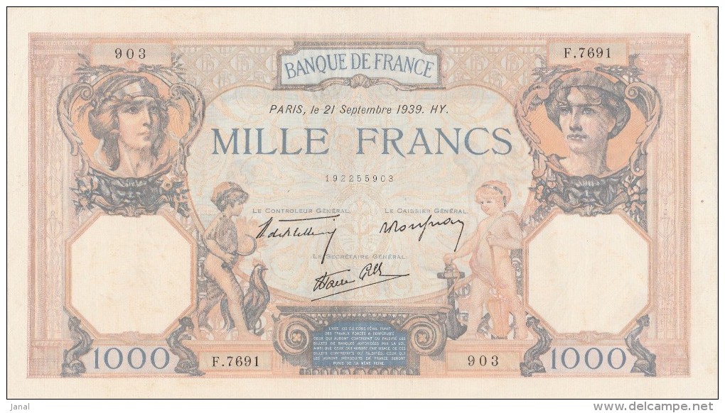 - BILLETS  - 1000 F - SUITE DE 3 BILLETS - 902 - 903 - 904 -  21 SEPTEMBRE 1939 - - 1 000 F 1927-1940 ''Cérès Et Mercure''