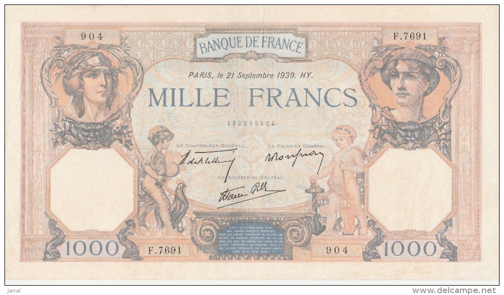 - BILLETS  - 1000 F - SUITE DE 3 BILLETS - 902 - 903 - 904 -  21 SEPTEMBRE 1939 - - 1 000 F 1927-1940 ''Cérès Et Mercure''