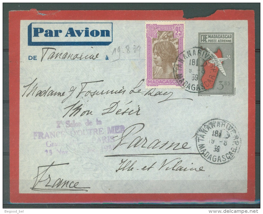 MADAGASCAR  -  PAR AVION 19.8.1939 - ENTIER POSTAL 3.65 TANANARIVE PARANE ILLE ET VILAINE   - Lot JJ12985 - Covers & Documents