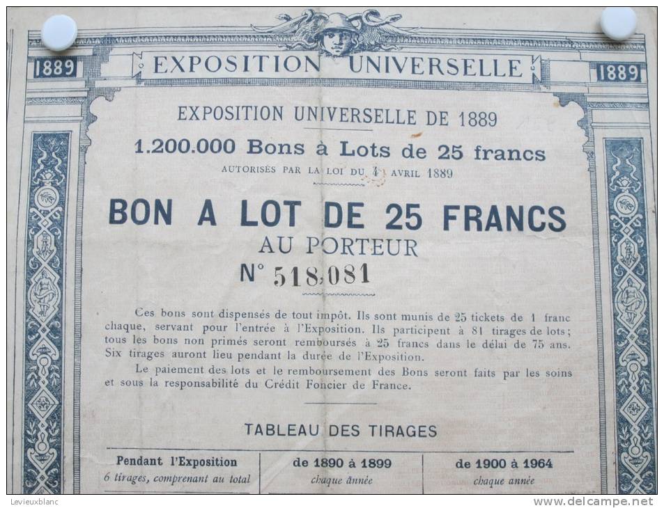 Action/ Exposition Universelle/Bon à Lot De 25 Francs Au Porteur/1889   ACT18bis - Autres & Non Classés