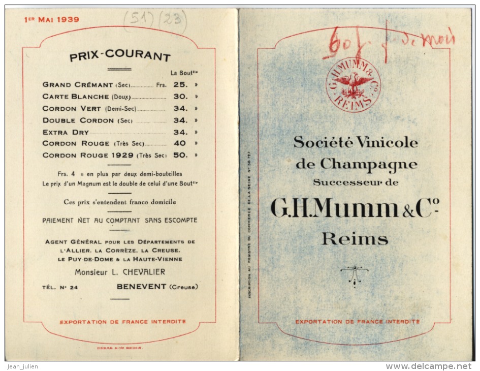 23 - BENEVENT  - CARTE PUBLICITAIRE  -  " L. CHEVALIER "  - Agent Général - CHAMPAGNE G.H. MUMM  - - Altri & Non Classificati