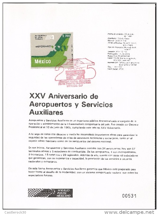 E) 1990 MEXICO, AIRPLANE,  XXV ANNIVERSARY OF AIRPORTS AND AUXILIARY SERVICES , FDB - Mexico