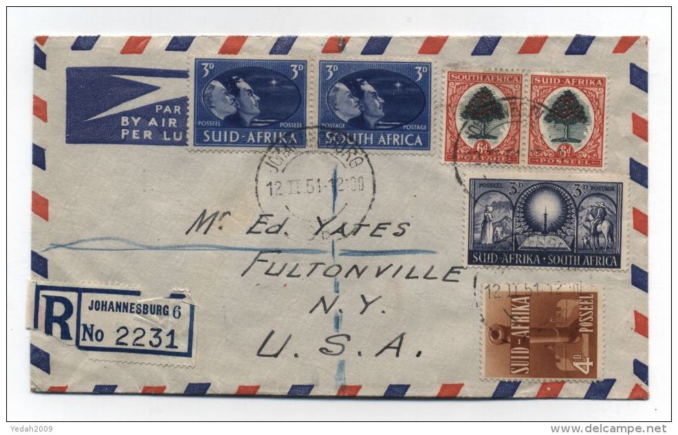 South Africa/USA REGISTERED AIRMAIL COVER 1951 - Luchtpost