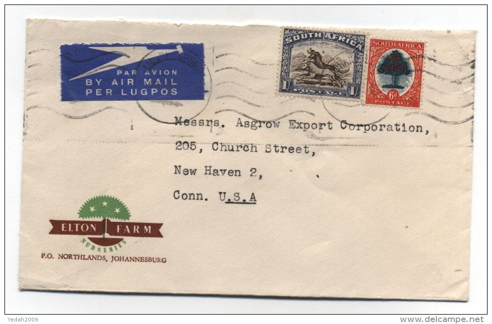 South Africa/USA FARM ADVERTISING AIRMAIL COVER - Posta Aerea