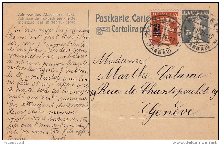 1921- Entier CaD Kolliken Surcharge >> Genève - Interi Postali