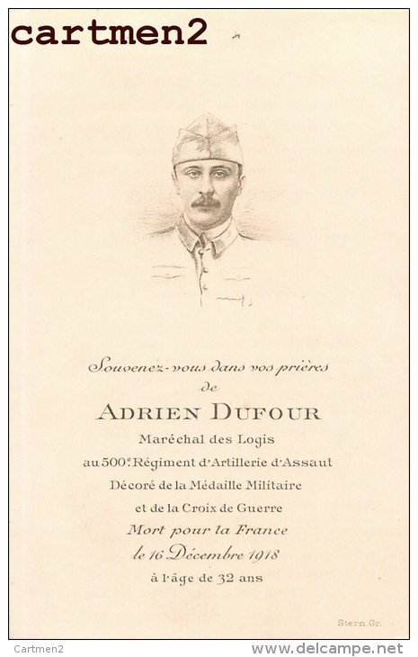 FAIRE-PART DE DECES MILITAIRE ADRIEN DUFOUR MARECHAL DES LOGIS 500eme REGIMENT D'ARTILLERIE D'ASSAUT GUERRE MILITARIA - Todesanzeige