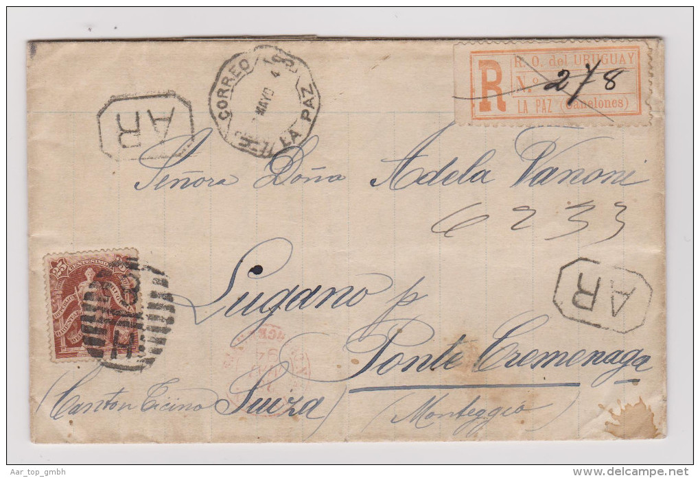 Am. Uruguay LA PAZ 1894-05-02 R-Brief Mit AR Nach Luganomit AK-Stempel Monteggio - Uruguay