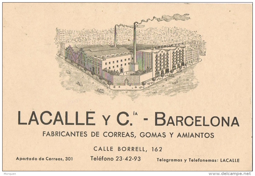 15937. Tarjeta Comercial Privada BARCELONA 1953. Correas Y Gomas - Cartas & Documentos