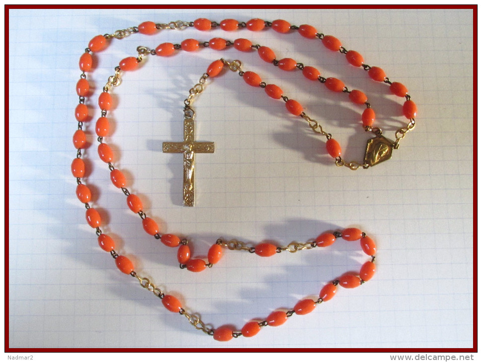 Chapelet Ancien Crucifix Métal Doré Corail 45 Cm Catholique Médaille Religieuse Etat TTB - Religion & Esotericism