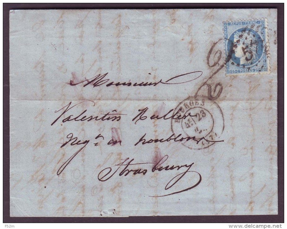 CHER - LAC - Tàd T17 BOURGES + GC 574 Sur N° 60 + Taxe "2"  (allemande) Pour Strasbourg (Alsace Annexée, 67) - War 1870