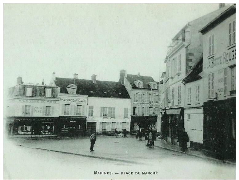 CPA PHOTO 95 MARINES Place Du Marché Commerces Au Bon Marché Hôtel De Paris Passage De La Diligence Chevaux 1904 Rare - Marines