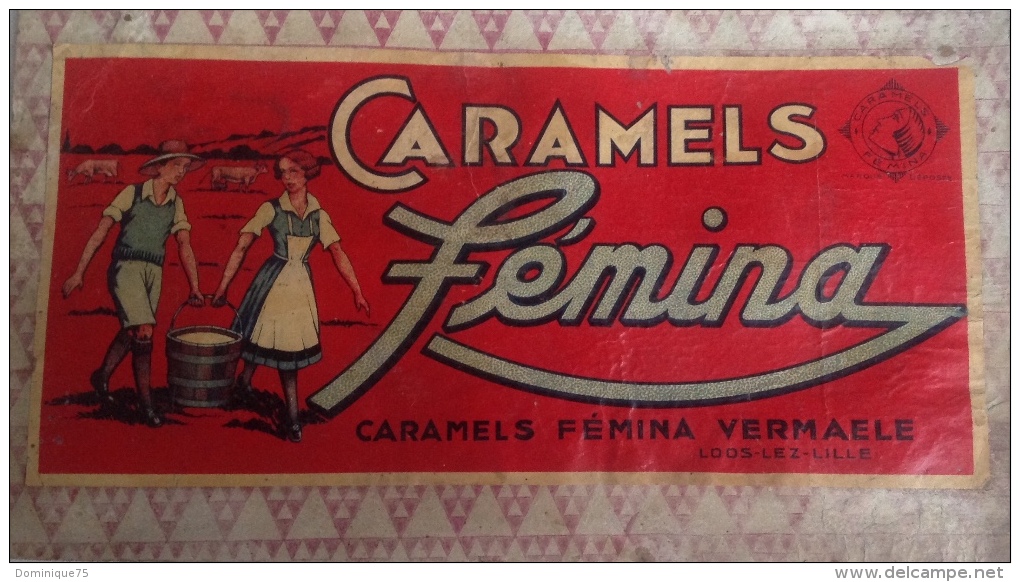Rare Publicité Pour Les Caramels Femina Marque Disparue De Loos-lez-Lille Vendue En 1963 à La Gle Alimentaire - Plaques En Carton