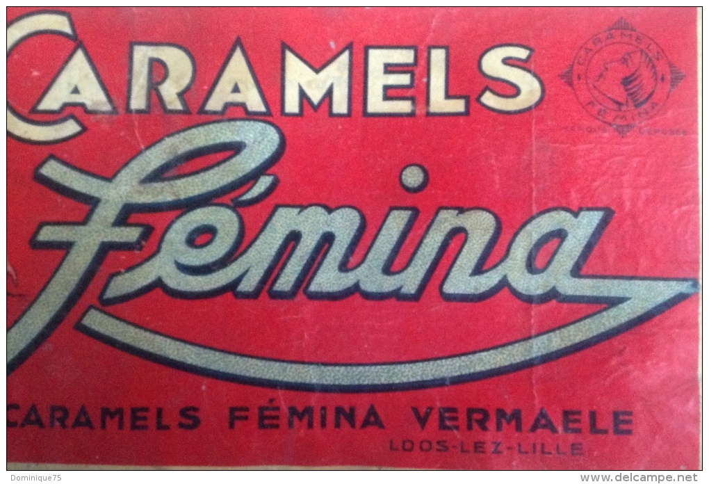 Rare Publicité Pour Les Caramels Femina Marque Disparue De Loos-lez-Lille Vendue En 1963 à La Gle Alimentaire - Plaques En Carton