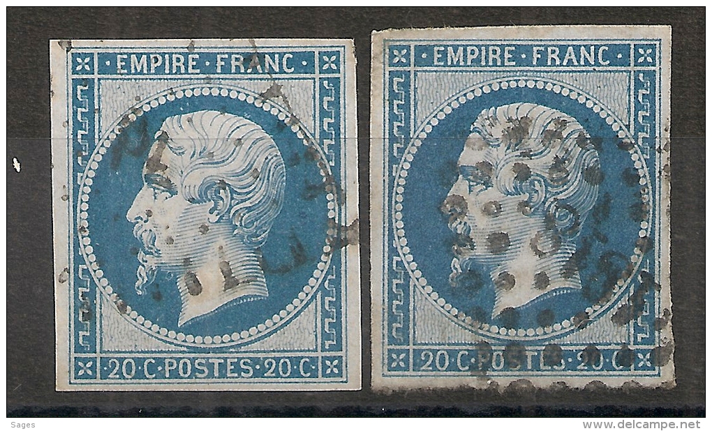 4 MARGES, 2 Exemplaires Du 20c Napoléon III Type II N° 14 B. Cote : 12 EUR. L3 - Other & Unclassified