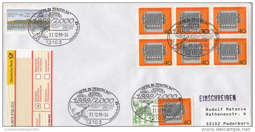 3196FM- CALCULATING MACHINE, CASTLE, OVERPRINT AMOUNT, STAMPS ON REGISTERED COVER, 1999, GERMANY - Storia Postale