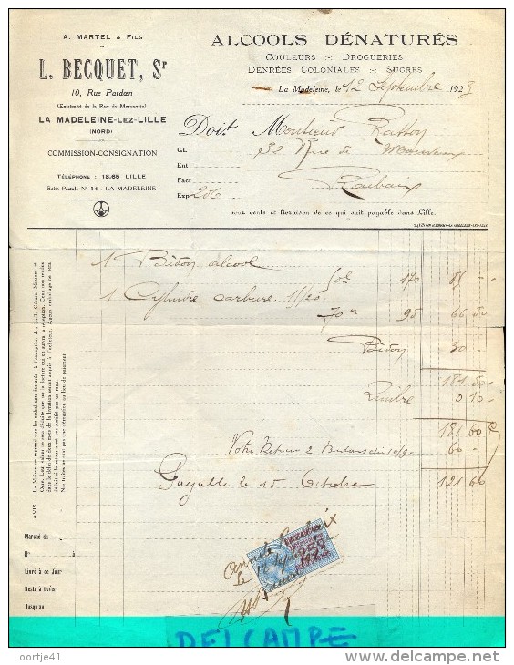 Factuur Facture - Alcools - L. Becquet - La Madeleine Lille 1925 - Alimentaire